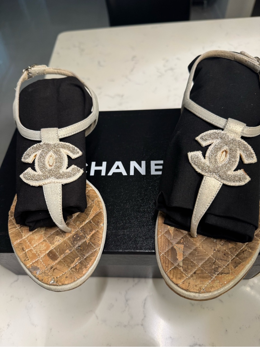 CHANEL Thong Silver CC T-Strap Sandals